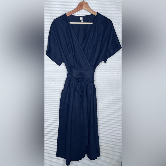 Grae Cove Frankie Linen Navy Blue Pocket V-neck Wrap Belted Midi Dress Large - Picture 2 of 10